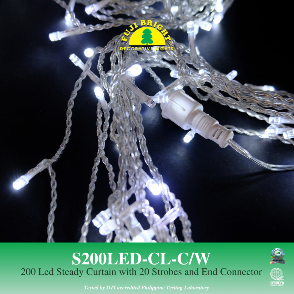 Fuji Bright 200 LED Steady Curtain with 10% Strobes and End Connector Christmas Lights