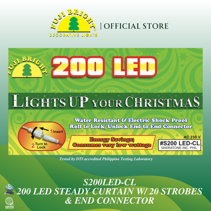 200 LED STROBE 10% / STEADY TYPE CURTAIN CHRISTMAS LIGHTS