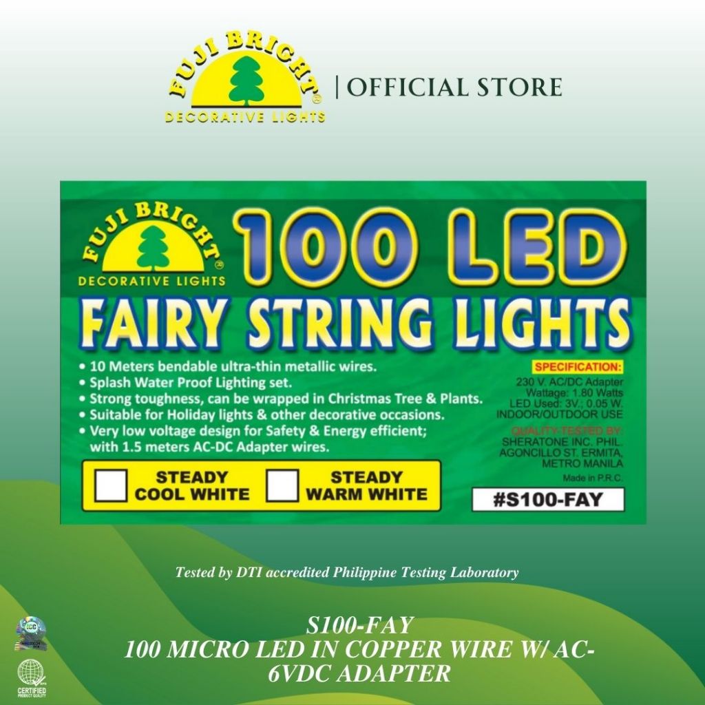 FUJI BRIGHT 100 MICRO LED W/ AC-6VDC ADAPTER CHRISTMAS LIGHTS