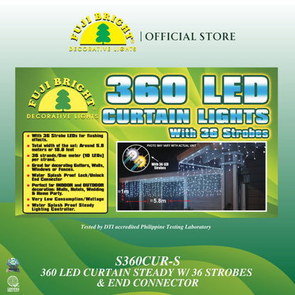 Fuji Bright 360 LED Steady w/ 36 Strobe Curtain Lights & End Connector Christmas Lights