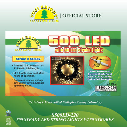 500 LED Fuji Bright Christmas Lights Steady with 50 Strobes and End Connector (Warm White LED)