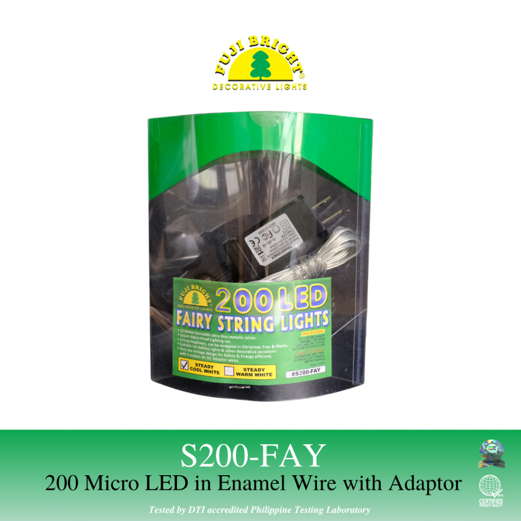 FUJI BRIGHT 200 MICRO LED IN ENAMEL WIRE W/ AC ADAPTER CHRISTMAS LIGHTS