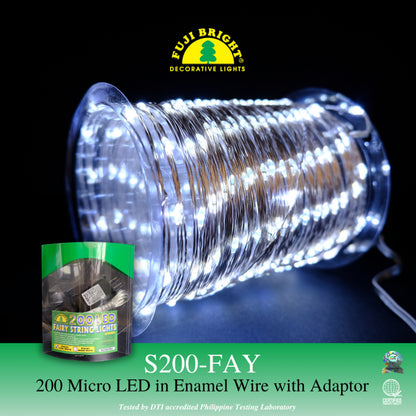 FUJI BRIGHT 200 MICRO LED IN ENAMEL WIRE W/ AC ADAPTER CHRISTMAS LIGHTS