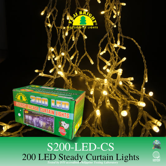 FUJI BRIGHT 200 LED STEADY CURTAIN W/O STROBES W/ END CONNECTOR CHRISTMAS LIGHTS