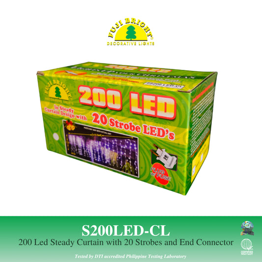 Fuji Bright 200 LED Steady Curtain with 10% Strobes and End Connector Christmas Lights