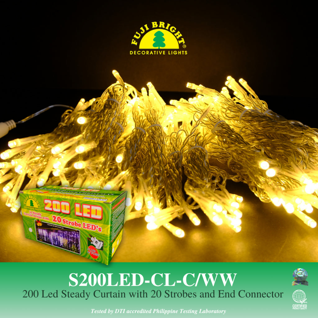 Fuji Bright 200 LED Steady Curtain with 10% Strobes and End Connector Christmas Lights