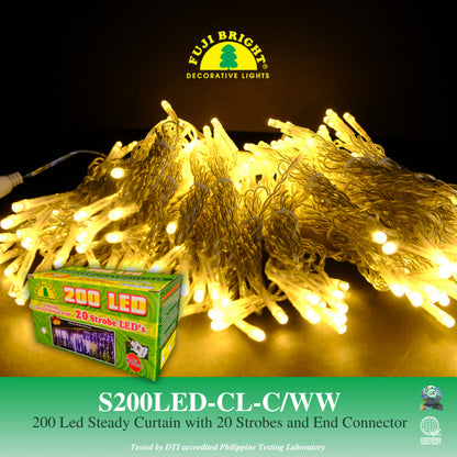 Fuji Bright 200 LED Steady Curtain with 10% Strobes and End Connector Christmas Lights