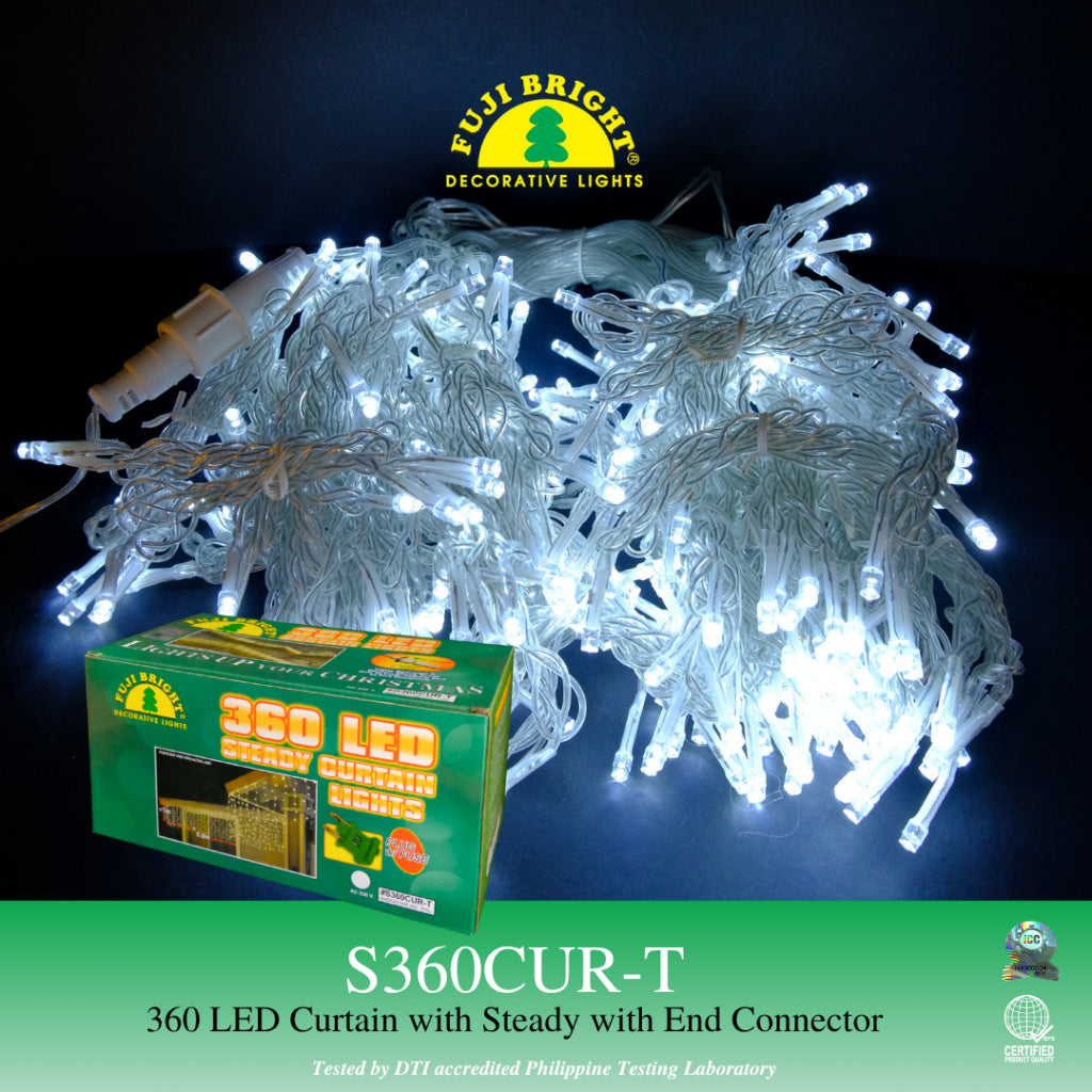 FUJI BRIGHT 360 LED STEADY CURTAIN LIGHTS W/ END CONNECTOR CHRISTMAS LIGHTS