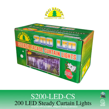 FUJI BRIGHT 200 LED STEADY CURTAIN W/O STROBES W/ END CONNECTOR CHRISTMAS LIGHTS